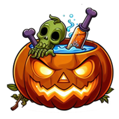 Et græskar med et skræmmende ansigt, der indeholder en skeletfigur og prøver i en væske.