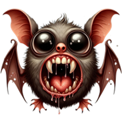 En stiliseret flagermus med store, udtryksfulde øjne og en åben mund, der viser skarpe tænder.