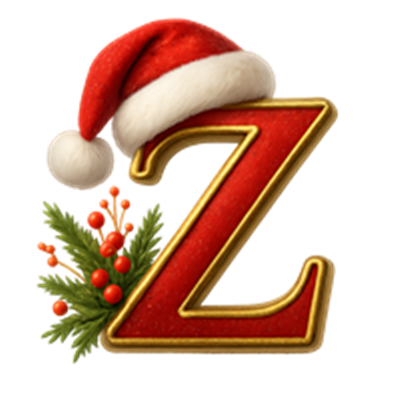 Et festligt bogstav Z dekoreret med en rød nissehue og grønne julegrene.