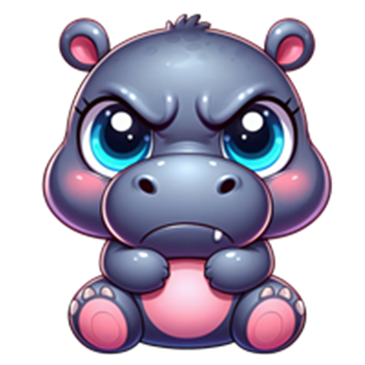 En tegneserieagtig illustration af et lille, surt næsehorn med store øjne.