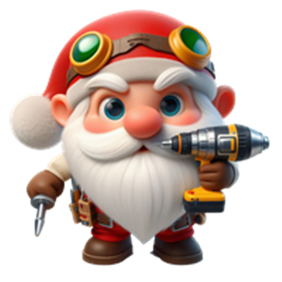 En sød julemand med briller, der holder en boremaskine og en skruetrækker.