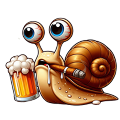En farverig, tegneserieagtig snegl holder en øl og ryger en cigar, hvilket giver et humoristisk indtryk.