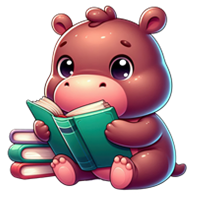 Et nuttet, brunt dyr sidder og læser en bog med bøger i baggrunden.