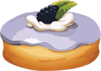 En farverig kage med blåbærglasur, flødeskum og en bær på toppen.