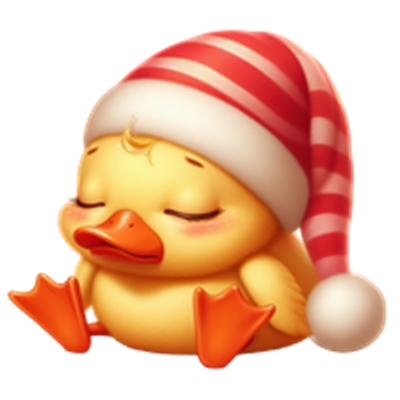 En sød, gul and med lukkede øjne iført en rødstribet juleskæg.