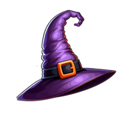 En farverig lilla heksehue med en sort rem og en spids top.