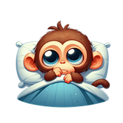 En illustreret abe med store øjne, der ligger i sengen og ser nysgerrig ud.