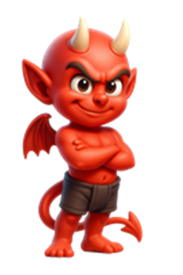 En rød, lille djævel med horn og vinger, der står med armene over kors og smiler.