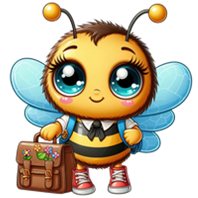 En nuttet tegneseriebi med store øjne, iført en taske og sneakers.