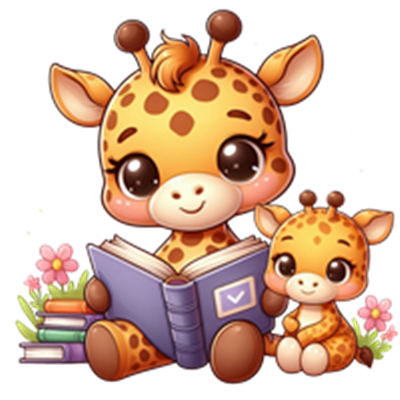 To søde giraffer, en voksen og en unge, sidder sammen og læser en bog, omgivet af blomster.