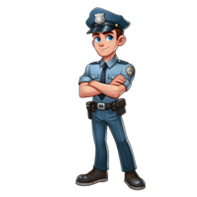 En tegnet ung mand i politiform, stående med armene krydset og et venligt smil.