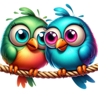 To søde, farverige fugle sidder tæt sammen på en snor, udstrålende glæde.