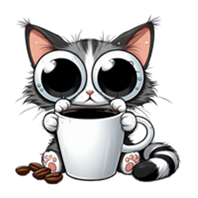 En sød, tegnet kat med store øjne holder en hvid kaffekop og ser nysgerrigt ud.