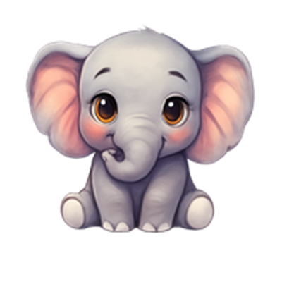 En charmerende, tegnet elefantunge med store øjne og bløde ører.