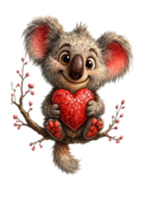 En sød koala sidder på en gren og holder et rødt hjerte, omgivet af blomster.