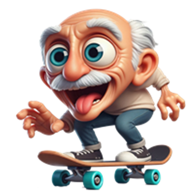 En tegneserieagtig bedstefar, der skateboarder med et stort smil og legende attitude.