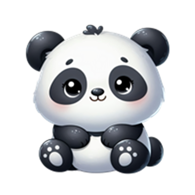 En nuttet panda med store øjne og en venlig attitude, siddende med benene trukket ind.