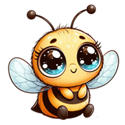 En farverig og sød bi med store øjne og vinger, der ser venlig ud.