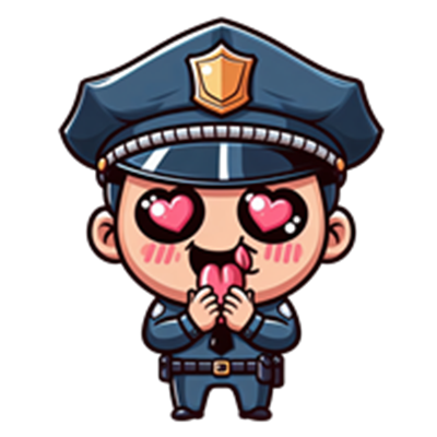 En sød, tegneserieagtig politimand med hjerteformede øjne, der ser forelsket ud.