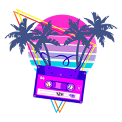 Et farverigt design med en kassettebånd og palmer, der skaber en retro strandstemning.