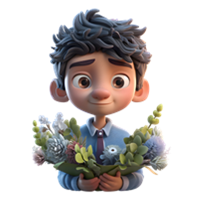 En glad dreng med krøllet hår holder en buket blomster og smiler.