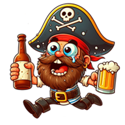 En glad pirat med skæg, iført en pirathat, der løber og holder en øl og en flaske.