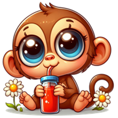 En nuttet abe sidder med store øjne og drikker juice fra en flaske, omgivet af blomster.