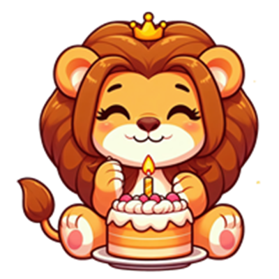En sød, tegnet løve med krone, der sidder med en fødselsdagskage og smiler.