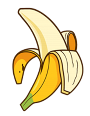 En tegnet banan med en del af skrællen trukket tilbage, der viser den gule frugt.