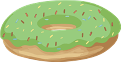 En illustration af en donut med grøn glasur og farverige drys.