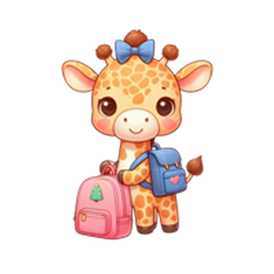 En farverig tegneserie-giraf med en blå sløjfe og to rygsække, der står på en sort baggrund.