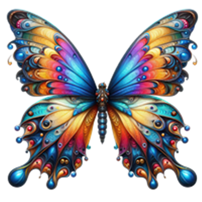 Et kunstnerisk billede af en farverig sommerfugl med blå, orange og gyldne nuancer.