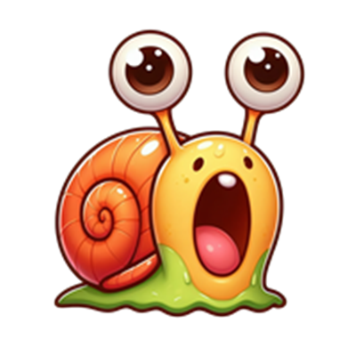 En farverig og cartoon-agtig snegl med store øjne og en overrasket mine.