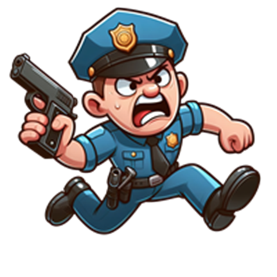 En tegneserieagtig politibetjent, der løber med en pistol og ser vred ud.