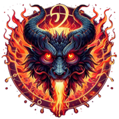 Et dramatisk billede af et dæmonisk væsen med horn og ild omkring sig.