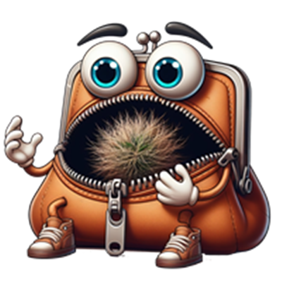 En tegneserieagtig pung med store øjne og en plante, der stikker ud af den åbne lynlås.