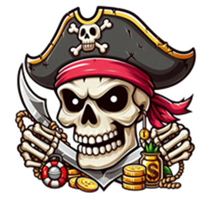 En farverig piratskalle iført en pirathat og rød bandana, omgivet af guldmønter og skatte.