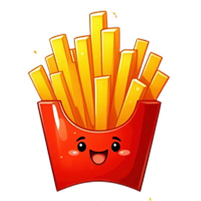 En farverig og glad tegning af pommes frites i en rød beholder.