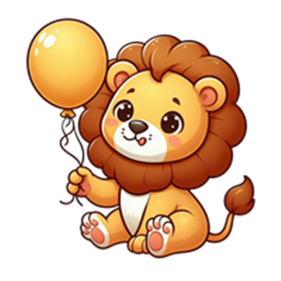 En sød, tegneserieagtig løve holder en gul ballon, med et venligt udtryk.