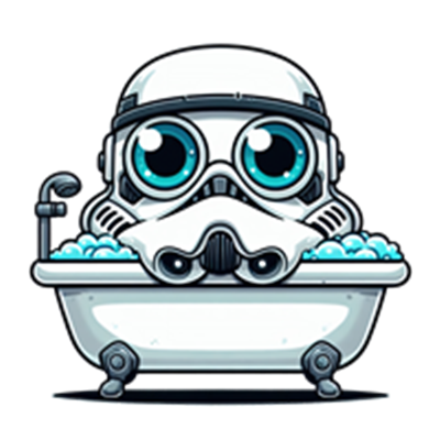 En sød, cartoon-lignende stormtrooper-hjelm der sidder i et badekar fyldt med bobler.