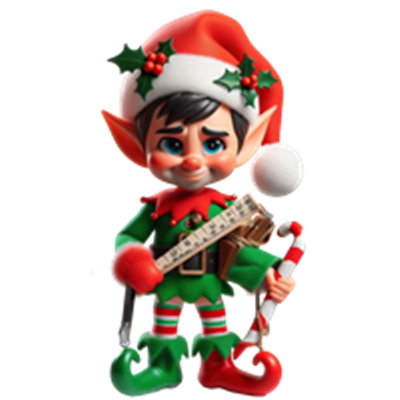 En farverig elv, iført julehat og festlig tøj, holder en guitar og en slikstok.