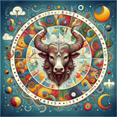 Et kunstværk af en tyr med farverige, geometriske mønstre og kosmiske elementer.