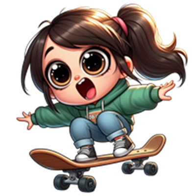 En glad, animeret pige på skateboard, der udstråler energi og livsglæde.