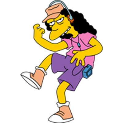 En tegnet karakter iført en pink t-shirt, shorts og hovedtelefoner, der danser.