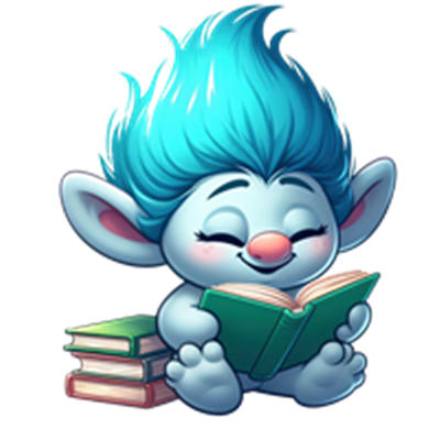 Et sødt, blåt hård trold sidder og læser en bog, omgivet af bøger.