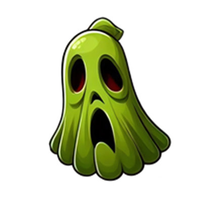 Et tegneserieagtigt, grønt spøgelse med store øjne og en skræmt udtryk.