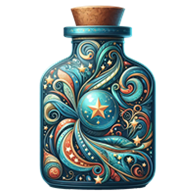 En dekorativ flaske prydet med farverige mønstre og stjerner, der udstråler magi.