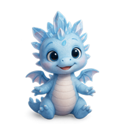 En farverig og venlig isdrage med blå nuancer og krystaller på ryggen.