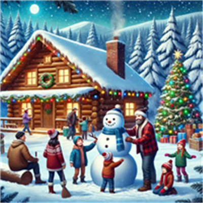 En hyggelig vinterscene med en hytte, en snemand og glade børn, der fejrer julen.