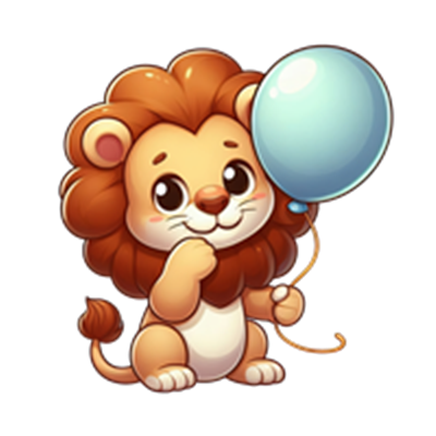 En tegneserieagtig løve med en nuttet personlighed, der holder en blå ballon.